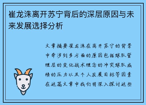 崔龙洙离开苏宁背后的深层原因与未来发展选择分析