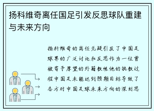 扬科维奇离任国足引发反思球队重建与未来方向