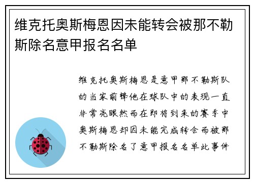 维克托奥斯梅恩因未能转会被那不勒斯除名意甲报名名单